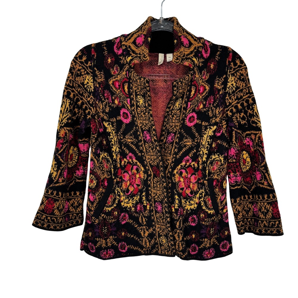 Moth by Anthropologie Knit Cardigan Sweater Black Floral Print Womens XXS